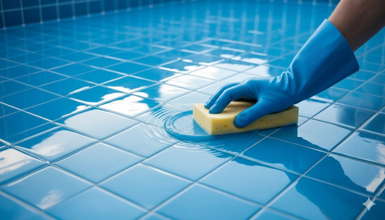 A close-up shot of a hand in a blue protective glove applying a glossy, vibrant blue epoxy coating to a tiled pool surface using a yellow sponge.