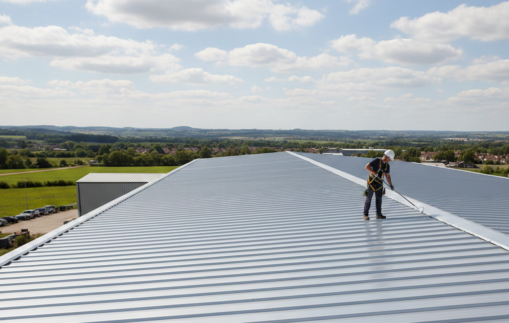 A high-angle shot of a wide, corrugated silver steel roof being coated by a professional worker, featuring a 3D diagram showing the layers of protection (substrate, primer, and topcoat)