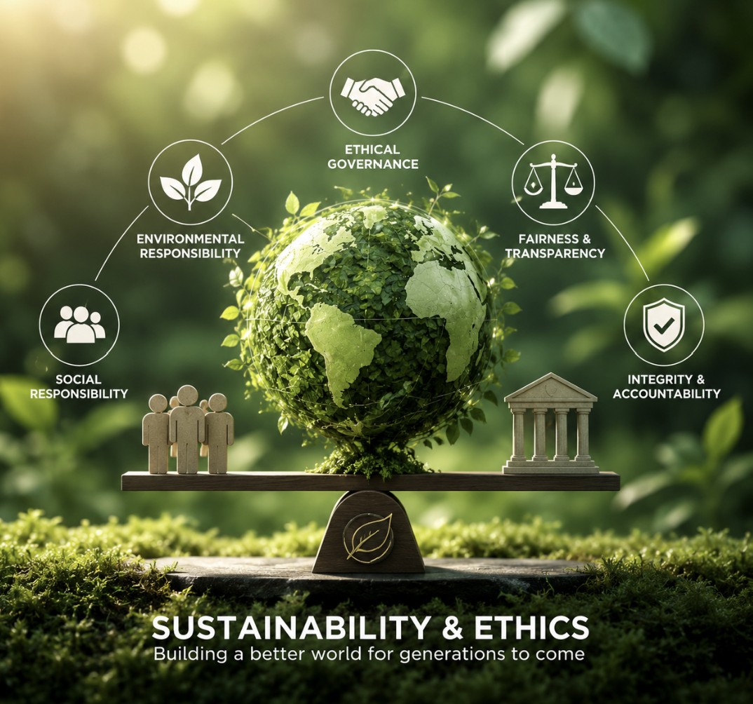 A balanced wooden seesaw scale resting on a mossy surface with a leaf-covered globe at the center. Wooden human figures sit on the left side of the scale, balanced perfectly with a miniature classical pillars building on the right. Arched over the globe are five circular icons labeled "Social Responsibility", "Environmental Responsibility", "Ethical Governance", "Fairness & Transparency", and "Integrity & Accountability". The bottom text reads "SUSTAINABILITY & ETHICS: Building a better world for generations to come."